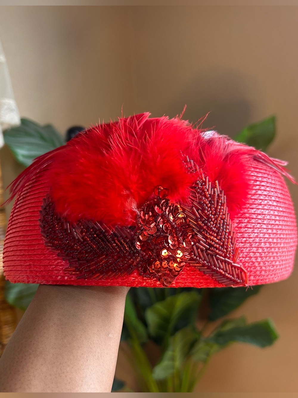 Vintage red pillbox hat with genuine feather, gems and sequin detail